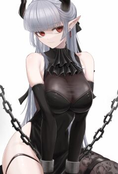 1girl arknights ascot black_ascot black_dress breasts chain chained_sarkaz_girl_(arknights) cuffs demon_girl demon_horns dress earrings grey_hair highres horns jewelry large_breasts long_hair looking_at_viewer mildt pointy_ears red_eyes simple_background sleeveless sleeveless_dress solo thigh_strap white_background