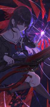 1girl absurdres arm_cutout black_choker black_hair black_jacket black_serafuku black_shirt black_shoes black_skirt black_socks chisa_(wuthering_waves) choker closed_mouth clothing_cutout commentary hair_ribbon highres holding holding_sword holding_weapon ikou_(18_ikou) jacket long_hair long_sleeves neckerchief red_eyes red_neckerchief red_ribbon ribbon sailor_collar school_uniform serafuku shirt shoes skirt socks solo sword weapon white_sailor_collar wuthering_waves