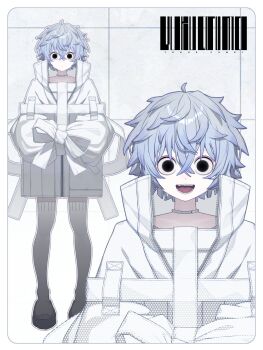 1girl artist_request black_eyes blue_hair boots choker closed_mouth commentary_request different_zoom_layer full_body highres indie_virtual_youtuber jacket logo messy_hair official_art open_mouth outside_border oversized_jacket pale_skin platform_boots sharp_teeth short_hair sleeves_tied_together smile solid_circle_pupils teeth thigh_boots white_boots white_jacket yukue_fumei zipper