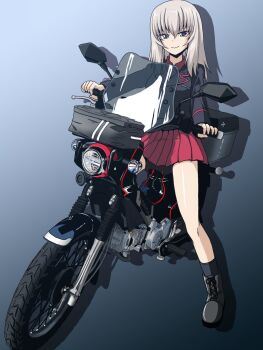 Rule 34 | 1girl, black bow, black jacket, blue eyes, boots, bow, girls und panzer, hashtag-only commentary, highres, itsumi erika, jacket, kamishima kanon, kuromorimine school uniform, long hair, looking at viewer, motor vehicle, motorcycle, red skirt, school uniform, simple background, sitting, skirt, smile, solo, white hair