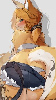 1girl animal_ears ass belt bent_over black_belt blush cat_ears cat_girl cat_tail clothes_pull commentary cowboy_shot cutoffs from_behind furry furry_female green_eyes grey_background grin highres looking_at_viewer looking_back panties pulchra_fellini r_bareung shadow shorts shorts_pull smile solo tail underwear white_panties zenless_zone_zero