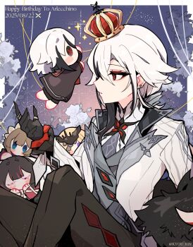 1girl arlecchino_(genshin_impact) black_eyes black_pants border character_doll character_name columbina_(genshin_impact) crown dated doll expressionless genshin_impact happy_birthday highres jacket jewelry knees_up kyou_039 long_sleeves mini_crown multicolored_hair outside_border pants peruere_(genshin_impact) puppet_strings red_pupils ring sandrone_(genshin_impact) signora_(genshin_impact) symbol-shaped_pupils twitter_username two-tone_hair white_border white_hair white_jacket x-shaped_pupils