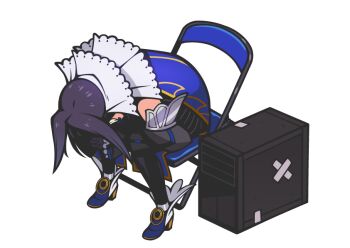 1girl bacon_strips black_hair black_skirt black_thighhighs blue_cape blue_footwear cape chair commentary computer computer_tower english_commentary folding_chair high_heels hololive hololive_english meme neon_genesis_evangelion on_chair ouro_kronii shinji_in_a_chair_(meme) short_hair skirt solo thighhighs transparent_background virtual_youtuber white_background