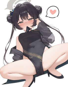 1boy absurdres black_dress black_shoes blue_archive breasts china_dress chinese_clothes commentary double_bun dragon_print dress grey_halo hair_bun halo heart highres kisaki_(blue_archive) koba_(kobako42) looking_at_viewer pelvic_curtain shoes simple_background small_breasts solo spoken_heart squatting twintails white_background