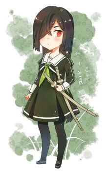 Rule 34 | 1girl, artist name, black hair, black pantyhose, blush, chibi, closed mouth, commentary request, dated, dress, full body, green dress, green neckerchief, grey shoes, hair over one eye, heijou institute school uniform, highres, holding, holding sword, holding weapon, katana, kumin (6939359), long hair, long sleeves, looking at viewer, mary janes, neckerchief, one eye covered, origami yukari, pantyhose, red eyes, sailor collar, school uniform, shoes, sleeve cuffs, solo, standing, sword, toji no miko, very long hair, weapon, white sailor collar, winter uniform