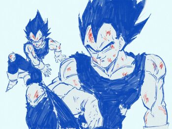 1boy alt_text blood blood_on_face boots closed_mouth commentary dragon_ball dragonball_z english_commentary gloves highres injury male_focus multiple_views muscular muscular_male pants shirt simple_background smirk spiked_hair tank_top torn_clothes torn_pants torn_shirt vegeta vodjaaam white_background widow&#039;s_peak