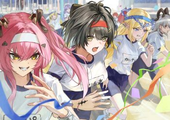 6+girls abby_(wuthering_waves) black_bow black_hair black_horns blonde_hair blue_hairband blue_shorts bow breasts cantarella_(wuthering_waves) cartethyia_(wuthering_waves) character_request chinese_commentary commentary_request confetti crown_of_thorns curled_horns earrings female_rover_(wuthering_waves) grey_hair gym_uniform hair_bow hair_ornament hair_ribbon hairband highres horns jewelry long_hair looking_ahead lupa_(wuthering_waves) medium_breasts multiple_earrings multiple_girls open_mouth phoebe_(wuthering_waves) pink_hair pointy_ears red_hairband red_pupils ribbon rover_(wuthering_waves) running shirt shorts sidelocks sports_festival tacet_mark_(wuthering_waves) ushimo_(dztu8434) white_hairband white_shirt wuthering_waves yellow_eyes yellow_ribbon zani_(wuthering_waves)