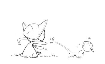 apple artist_name bowl_cut food fruit gen_3_pokemon grass hair_over_eyes hitting horns nintendo on_grass pokemon pokemon_(creature) ralts signature simple_background superiordutchsauce white_background