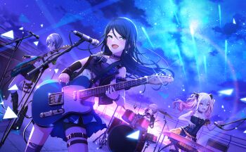 4girls :d amplifier bass_guitar black_boots black_hair blonde_hair boots bracelet choker colorful_palette drum drum_set drumsticks game_cg gradient_hair green_eyes grey_eyes grey_hair highres hinomori_shiho holding holding_drumsticks hoshino_ichika_(project_sekai) instrument jewelry keyboard_(instrument) leo/need_(project_sekai) long_hair microphone microphone_stand mochizuki_honami multicolored_hair multiple_girls night night_sky official_alternate_costume official_art open_mouth orange_eyes pink_hair profile project_sekai skirt sky smile star_(sky) tenma_saki third-party_source tongue triangle