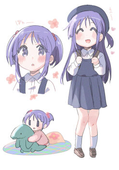 1girl aged_down beret blush brown_shoes closed_eyes commentary_request dress flower_symbol full_body hat heart hinata_yukari long_hair long_sleeves multiple_views open_mouth purple_hair shoes simple_background socks stuffed_dinosaur tatsunokosso twintails white_background white_socks yuyushiki |_|