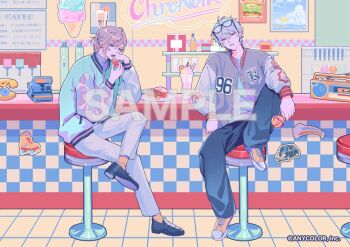 2boys ahoge antique_phone aqua-tinted_eyewear aqua_jacket aqua_shirt arm_on_knee bar_stool beverage_dispenser black-framed_eyewear black_shoes blue_eyes blue_pants brown_hair candy cash_register copyright_notice cupcake diner donut ear_piercing earrings eating elbow_rest eyewear_on_head figure_four_sitting fingernails food full_body gradient-tinted_eyewear grey_hair grey_jacket grey_shirt group_name hair_between_eyes head_rest holding holding_candy holding_food holding_lollipop ice_cream_cone ice_cream_machine indoors jacket jewelry kanae_(nijisanji) knee_up kuzuha_(nijisanji) letterman_jacket lollipop long_sleeves looking_at_viewer male_focus milkshake mole mole_under_eye multicolored_shoes multiple_boys nail_polish nijisanji official_art open_clothes open_jacket open_mouth pants parted_lips pastel_colors phone piercing plate pointy_ears ponytail poster_(object) purple_shoes radio red_eyes rotary_phone sample_watermark sharp_fingernails shelf shirt shoes short_ponytail side-by-side sitting smile sneakers socks soda_fountain solo sriokorr sticker stool tile_floor tiles tinted_eyewear turtleneck turtleneck_shirt two-tone_shoes upper_body v-shaped_eyebrows virtual_youtuber watermark white_pants white_sleeves yellow_nails yellow_shoes yellow_socks