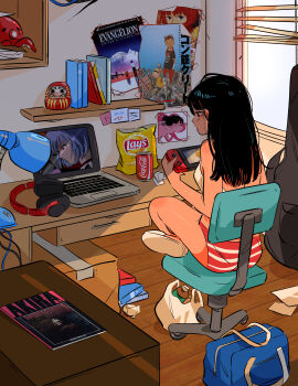 1girl 2020 absurdres akira_(manga) ayanami_rei bag bikini black_hair blue_bag book box can chair commentary computer daruma_doll english_commentary guitar_case handheld_game_console headphones highres holding holding_handheld_game_console ikari_shinji indian_style indoors instrument_case lamp laptop neon_genesis_evangelion nintendo_switch office_chair original paprika paprika_(character) poster_(object) product_placement shoulder_bag sitting souryuu_asuka_langley stephanie_priscilla striped_bikini striped_clothes swimsuit swivel_chair table tekkon_kinkreet white_bikini window