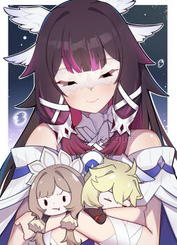 Rule 34 | 1girl, absurdres, aether (genshin impact), bare shoulders, black hair, blush, border, character doll, closed eyes, closed mouth, columbina (genshin impact), commentary, doll, dr.kira, dress, genshin impact, head tilt, highres, multicolored hair, outside border, purple hair, sandrone (genshin impact), smile, solo, twitter username, two-tone hair, white border, white dress