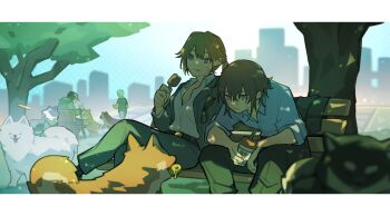 Rule 34 | 2girls, animal, animal ears, blue jacket, blue pants, blue suit, breasts, business suit, collared shirt, commentary request, dog, dog ears, dress shoes, drink, female commander (girls' frontline), food, formal clothes, girls' frontline, grizzly mkv (girls' frontline), hair between eyes, highres, ice cream, jacket, long sleeves, multiple girls, multiple tails, pant suit, pants, shiba inu, shirt, suit, suit jacket, tail, tail wagging, white dog, wing collar, xinhao