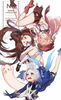 3girls absurdres antlers bare_legs black_gloves black_hat black_shirt black_shorts blue_eyes blue_gemstone blue_hat blue_jacket blush boo_tao_(genshin_impact) boots brown_hair closed_eyes deer_antlers detached_sleeves flower flower-shaped_pupils furina_(genshin_impact) gem genshin_impact gloves half-closed_eyes hat heterochromia highres horns hu_tao_(genshin_impact) imasaki_kei jacket long_hair midriff multiple_girls open_mouth pink_hair red_boots red_eyes red_flower red_hat revision shirt short_hair shorts simple_background socks symbol-shaped_pupils thigh_strap white_background white_gloves white_hair white_socks yanfei_(genshin_impact)