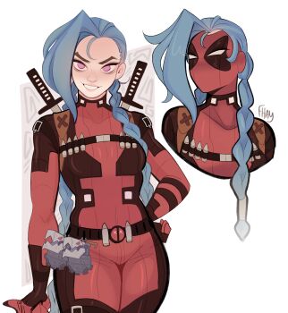 1girl absurdres arcane:_league_of_legends belt blue_hair bodysuit braid breasts cosplay deadpool deadpool_(cosplay) deadpool_(series) explosive gloves grenade highres jinx_(league_of_legends) katana league_of_legends long_hair looking_at_viewer marvel mask red_bodysuit simple_background small_breasts smile superhero_costume sword twin_braids twintails weapon weapon_on_back