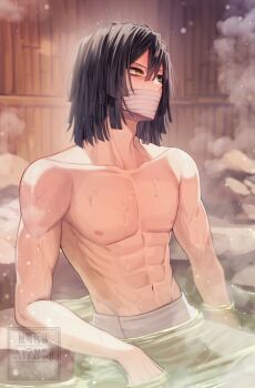 1boy 2ixkl18968 abs arm_at_side averting_eyes bamboo_fence bandage_on_face bandages bandages_over_mouth bathing black_hair collarbone commentary_request covered_mouth fence green_eyes hair_between_eyes heterochromia highres iguro_obanai kimetsu_no_yaiba kishimen_hair korean_commentary male_focus medium_hair muscular muscular_male naked_towel navel nipples onsen partially_submerged pectorals rock solo steam towel water watermark wet yellow_eyes