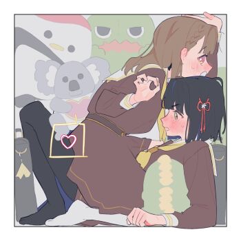 2girls black_bow black_hair black_pantyhose blunt_bangs blunt_ends blush bob_cut border bow braid briefcase brown_dress brown_hair center-flap_bangs commentary dress flower flower_knot full-face_blush full_body gonzales_(love_live!) green_eyes hair_bow hair_flower hair_ornament hasu_no_sora_school_uniform heart highres kachimachi_kosuzu koala_maneo link!_like!_love_live! long_hair long_sleeves love_live! medium_dress momose_ginko multiple_girls neckerchief open_mouth pantyhose pink_eyes pipi_(m1x_mix) pleated_dress profile sailor_collar sailor_dress school_briefcase school_uniform short_hair side_braids socks spoken_heart straight_hair stuck_in_a_box stuffed_animal stuffed_bird stuffed_dinosaur stuffed_koala stuffed_toy tsuru_(love_live!) v-shaped_eyebrows virtual_youtuber white_border white_sailor_collar white_socks winter_uniform yellow_neckerchief yuri