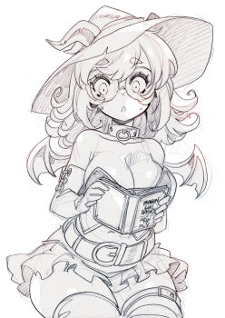 1girl :o bare_shoulders belt bodice book breasts cleavage collar commentary corset cowboy_shot curly_hair dragon_girl dragon_horns dragon_wings elbow_gloves english_commentary english_text gloves hat highres holding holding_book horns invisible_chair large_breasts legs_together medium_hair microskirt mini_wings monochrome navel open_mouth original parororo pleated_skirt round_eyewear semi-rimless_eyewear simple_background sitting sketch_background skirt solo sweatdrop thigh_strap thighhighs white_background wings witch_hat zettai_ryouiki