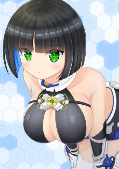 8ki10ri absurdres android bare_shoulders black_hair black_racing_suit blunt_bangs blush bob_cut breasts chest_belt cleavage crosshair_pupils dolphin_wave eines_(dolphin_wave) gloves green_eyes hands_on_own_knees hanging_breasts highres large_breasts leaning_forward looking_at_viewer shorts thighhighs white_gloves white_thighhighs