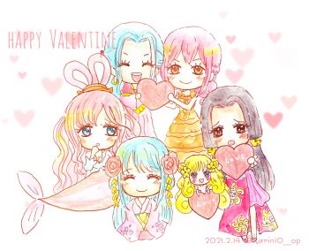 Rule 34 | 6+girls, ^ ^, aqua hair, black hair, blonde hair, blue eyes, blush, boa hancock, chibi, closed eyes, commentary, dated, dress, eyelashes, flower, hair flower, hair ornament, happy valentine, heart, highres, holding, karin10 op, kouzuki hiyori, kuja pirates jolly roger, long hair, looking at viewer, mansherry, mermaid, monster girl, multiple girls, nefertari vivi, one piece, orange dress, pink hair, rebecca (one piece), shirahoshi, sidelocks, twitter username