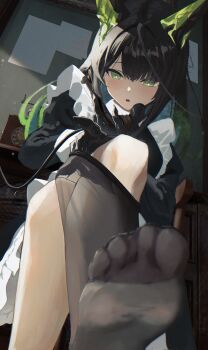 1girl :o absurdres ahoge alternate_costume animal_ears antique_phone apron arknights bare_shoulders black_hair black_pantyhose blush cat_ears chalkboard dress enmaided feet foot_focus frilled_apron frills green_dress green_eyes green_hair highres holding holding_phone indoors long_hair long_sleeves looking_at_viewer maid mon3tr_(arknights) multicolored_hair open_mouth pantyhose phone puffy_sleeves putting_on_legwear rotary_phone shikyou_yoru sitting soles solo wire