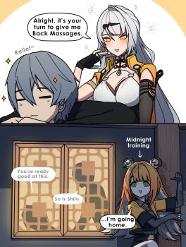 Rule 34 | 1boy, 2girls, absurdres, animal ear fluff, animal ears, blonde hair, breasts, commentary, dorahdew, english commentary, gloves, green eyes, highres, jacket, ju fufu, long hair, looking at viewer, multicolored hair, multiple girls, open mouth, shirt, shorts, smile, striped fur, tail, thigh strap, tiger ears, tiger girl, tiger tail, wise (zenless zone zero), yixuan (zenless zone zero), zenless zone zero