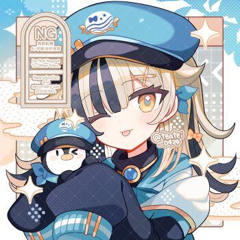 Rule 34 | 1girl, ;p, bird, black hair, black jacket, blonde hair, blue hat, blue ribbon, blue shirt, blush, closed mouth, commission, grid background, hair ornament, hair ribbon, hat, highres, indie virtual youtuber, jacket, kirasena (vtuber), long sleeves, looking at viewer, multicolored hair, one eye closed, penguin, ribbon, shirocha tei, shirt, skeb commission, sleeves past fingers, sleeves past wrists, smile, solo, sparkle, tongue, tongue out, twitter username, two-tone hair, upper body, virtual youtuber, watermark, x hair ornament, yellow eyes