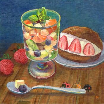 Rule 34 | blueberry, bug, commentary request, cream puff, food, food focus, fruit, highres, insect, ladybug, no818, no humans, orange (fruit), orange slice, original, spoon, still life, strawberry