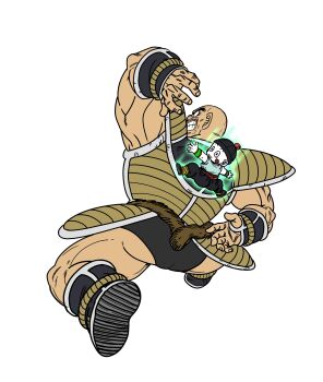 2boys absurdres aura bald beanie blush_stickers brown_tail chaozu clenched_teeth colored_skin crying dragon_ball dragonball_z facial_hair fenyon floating hat highres imminent_explosion male_focus midair monkey_tail multiple_boys muscular muscular_male mustache nappa saiyan_armor scene_reference simple_background size_difference tail tears teeth underbutt white_background white_skin wristband