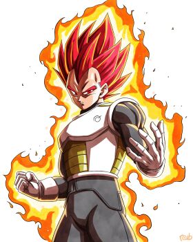 1boy absurdres armor aura black_jacket black_pants clenched_hand cowboy_shot dragon_ball dragon_ball_super dragon_ball_z dragon_ball_z_fukkatsu_no_f dragonball_z gloves highres jacket male_focus medium_hair muscular muscular_male pants red_eyes red_hair roub3d simple_background solo spiked_hair super_saiyan super_saiyan_god vegeta white_armor white_background white_gloves