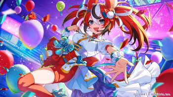 1girl :d absurdres animal_ears balloon black_streaks blue_eyes breasts bright_pupils collared_shirt commentary_request concert confetti copyright_name detached_sleeves double-parted_bangs extra_ears garter_straps hair_between_eyes hakos_baelz hand_up headset highres hololive hololive_dreams hololive_english long_hair looking_at_viewer medium_breasts mouse_ears mouse_girl mouse_tail mr._squeaks_(hakos_baelz) official_alternate_costume official_art open_mouth outstretched_arm puffy_short_sleeves puffy_sleeves reaching reaching_towards_viewer red_hair red_shorts red_thighhighs sharp_teeth shirt short_sleeves shorts single_garter_strap smile solo tail teeth thighhighs twintails virtual_youtuber white_pupils white_shirt white_streaks wrist_cuffs