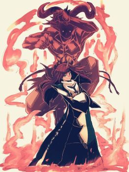 1girl faris_scherwiz final_fantasy final_fantasy_v fire headband horns ifrit_(final_fantasy) long_hair oversized_clothes purple_hair red_eyes saitou_piyoko simple_background single_horn summoner_(final_fantasy) summoning white_background wide_sleeves