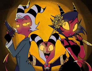 1girl 2boys anya_(spy_x_family) anya_(spy_x_family)_(cosplay) black_dress black_hair black_lips blitzo_(helluva_boss) child colored_sclera colored_skin cosplay dagger demon demon_horns demon_tail dress eden_academy_school_uniform emositecc flower formal_clothes gloves glowing glowing_eyes green_jacket green_suit gun hair_flower hair_ornament hellaverse helluva_boss highres holding holding_dagger holding_gun holding_knife holding_weapon horns jacket knife looking_at_viewer millie_(helluva_boss) moxxie_(helluva_boss) multiple_boys partially_fingerless_gloves red_eyes red_skin red_tie school_uniform sharp_teeth simple_background smile spy_x_family striped_horns suit tail teeth twilight_(spy_x_family) twilight_(spy_x_family)_(cosplay) weapon white_hair yellow_sclera yor_briar yor_briar_(cosplay)