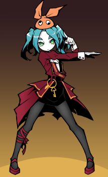1girl akableak blue_hair closed_mouth green_eyes hat highres long_hair long_sleeves looking_at_viewer monogatari_(series) ononoki_yotsugi orange_hat pantyhose solo thick_eyebrows twintails