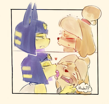 2girls animal_crossing animal_ears ankha_(animal_crossing) black_hair blonde_hair blunt_bangs blush cat_ears cat_girl closed_eyes dog_ears dog_girl fang furry furry_female furry_with_furry isabelle_(animal_crossing) licking licking_another's_face multiple_girls nintendo profile short_hair speech_bubble teeth tongue trashyy upper_teeth_only yuri