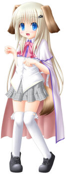 Rule 34 | 1girl, :d, animal ears, bat hair ornament, black shoes, blonde hair, blue eyes, blush, bow, bowtie, cape, commentary request, dog ears, dog girl, dog tail, fang, full body, grey skirt, hair ornament, little busters!, loafers, long hair, looking at viewer, noumi kudryavka, open mouth, paw pose, pink bow, pink bowtie, plaid clothes, plaid skirt, school uniform, shion faru, shirt, shoes, simple background, skirt, smile, solo, standing, tail, thighhighs, very long hair, white background, white cape, white shirt, white thighhighs