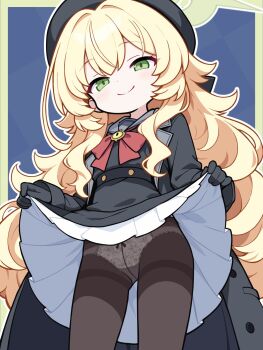 black_dress black_gloves black_hat black_pantyhose blue_archive bow bowtie closed_mouth clothes_lift cowboy_shot dress dress_lift from_below gloves green_eyes halo hat highres long_hair looking_at_viewer panties panties_under_pantyhose pantyhose professor_niyaniya_(blue_archive) red_bow shishiejo_(sisieho1) smile standing underwear upskirt very_long_hair wavy_hair white_panties