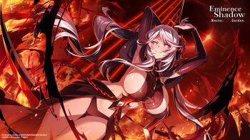 1girl armpit_crease arms_up artist_request black_panties breasts colored_sclera commentary elbow_gloves english_commentary epsilon_(kage_no_jitsuryokusha_ni_naritakute!) fire gloves grey_hair harp highres instrument kage_no_jitsuryokusha_ni_naritakute! large_breasts looking_at_viewer magic official_art panties red_sclera second-party_source sidelocks smile solo underwear watermark white_eyes