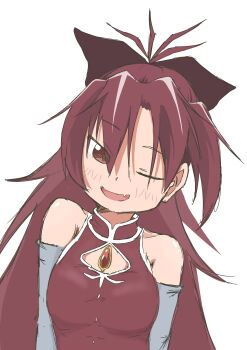 Rule 34 | 1girl, absurdres, antenna hair, bare shoulders, blush, bow, breasts, brown bow, detached sleeves, fang, gem, grey sleeves, hair bow, high collar, highres, ks29929, long hair, looking at viewer, mahou shoujo madoka magica, medium breasts, one eye closed, open mouth, red eyes, red gem, red hair, red shirt, sakura kyoko, shirt, simple background, skin fang, solo, soul gem, upper body, white background