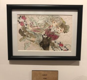 Rule 34 | 2girls, acrylic paint (medium), apple, blush, boots, bow, braid, brown hair, closed eyes, closed mouth, collared shirt, commentary request, dress, food, fruit, gloves, hair bow, heart, highres, holding hands, karintoun, lace, long hair, long sleeves, looking at viewer, multiple girls, original, painting (medium), parted bangs, photo (medium), portrait, puffy sleeves, ribbon, shirt, short hair, simple background, smile, socks, straddling, straight-on, traditional media, upper body, watercolor (medium), white hair, wings