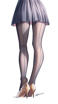 1girl absurdres ass black_pantyhose commentary_request cum cum_in_footwear from_behind high_heels highres leg_focus lower_body original pantyhose pleated_skirt skirt solo standing thigh_gap thighs xiaoxi0619