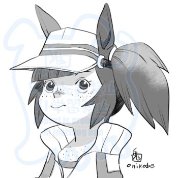 Rule 34 | 1girl, animal ears, blunt bangs, body freckles, chest freckles, closed mouth, commentary request, expressionless, freckles, greyscale, horse ears, horse girl, horse tail, ines fujin (umamusume), jacket, looking at viewer, lowres, monochrome, one side up, onikobe rin, short hair, simple background, solo, tail, too many watermarks, umamusume, upper body, visor cap, watermark