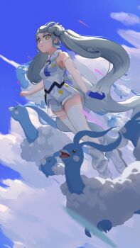 1girl 6+others absurdres altaria aqua_hair asuka-w blue_gloves breasts cloud cloudy_sky dress flying_miku_(project_voltage) gen_3_pokemon gloves hatsune_miku highres leg_warmers long_hair looking_at_viewer medium_breasts multiple_others nintendo official_alternate_costume official_alternate_hairstyle pokemon pokemon_(creature) project_voltage see-through_clothes see-through_dress see-through_sleeves shirt shoes single_glove skirt sky sleeveless sleeveless_shirt swablu thighs twintails very_long_hair vocaloid white_leg_warmers white_shirt white_shoes white_skirt yellow_eyes