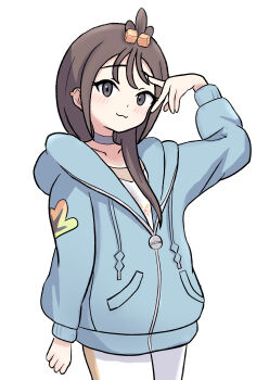 1girl absurdres blue_hoodie blush choker closed_mouth collarbone commentary_request cowboy_shot cube_hair_ornament edoedoon grey_eyes hair_ornament hand_up highres hood hood_down hoodie leggings lida_(pokemon) long_hair long_sleeves nintendo pokemon pokemon_legends:_z-a shirt simple_background smile solo tassel white_background zipper_pull_tab
