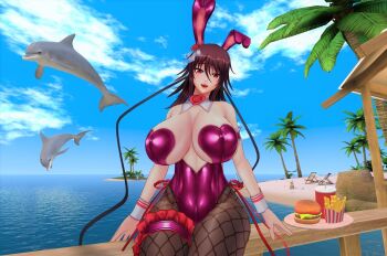 1girl 3d action_taimanin animal_ears black_leotard blue_sky blush breasts cleavage curvy detached_collar fake_animal_ears highleg highleg_leotard highres huge_breasts leotard lilith-soft looking_at_viewer mizuki_shiranui official_alternate_costume pantyhose playboy_bunny rabbit_ears screencap sitting sky smile solo taimanin_(series) taimanin_yukikaze thong_leotard