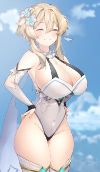 Rule 34 | 1girl, absurdres, blonde hair, blush, breasts, closed eyes, dekapaiyukari, female focus, flower, genshin impact, hair ornament, highres, huge breasts, looking at viewer, lumine (genshin impact), open mouth, short hair, sky, smile, solo, twintails