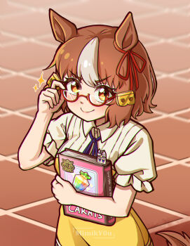 1girl adjusting_eyewear animal_ears artist_name belno_light_(umamusume) bespectacled blush book breasts brown_eyes brown_hair closed_mouth commentary english_commentary glasses highres holding holding_book horse_ears horse_girl horse_tail large_breasts looking_at_viewer mimiky0u multicolored_hair red-framed_eyewear short_hair smile solo tail two-tone_hair umamusume umamusume:_cinderella_gray white_hair