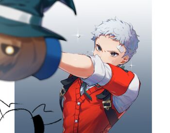 1boy armband bandaid bandaid_on_face bandaid_on_forehead black_ribbon boxing_gloves commentary_request gekkoukan_high_school_uniform gloves gradient_background grey_background grey_eyes grey_hair highres male_focus nana_babylon neck_ribbon outstretched_arm persona persona_3 persona_3_reload punching pyro_jack red_armband red_sweater_vest ribbon sanada_akihiko school_uniform shirt short_hair solo sweat sweatdrop sweater_vest upper_body white_shirt