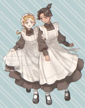 2girls apron black_dress black_hair black_shoes blonde_hair blue_background bn_noru bonnet brown_eyes chi.:_chikyuu_no_undou_ni_tsuite collared_dress commentary dark-skinned_female dark_skin diagonal-striped_background draka_(chi.) dress full_body highres holding_another's_arm jolenta light_blush long_dress long_hair long_sleeves maid_apron mary_janes multiple_girls official_alternate_costume open_mouth pantyhose parted_bangs parted_lips ponytail puffy_long_sleeves puffy_sleeves shoes short_hair short_ponytail smile striped_background sweatdrop symbol-only_commentary tan twitter_username white_apron white_bonnet white_pantyhose